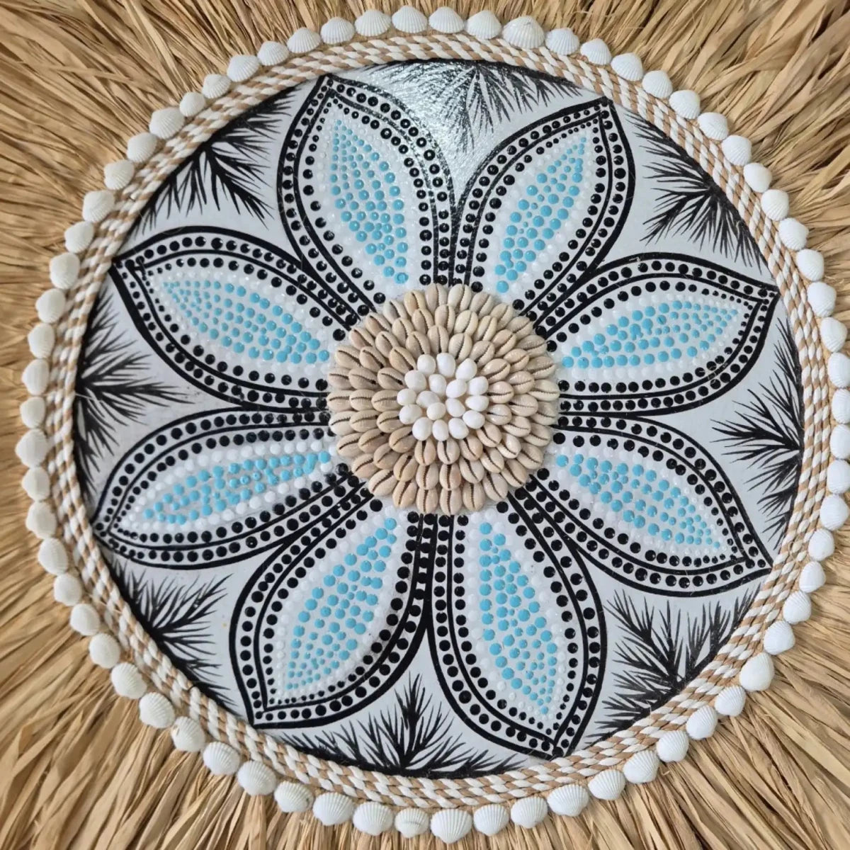 Hand Painted Raffia Juju Mandala Wall Hanging: Coastal Boho Decor with Seashells