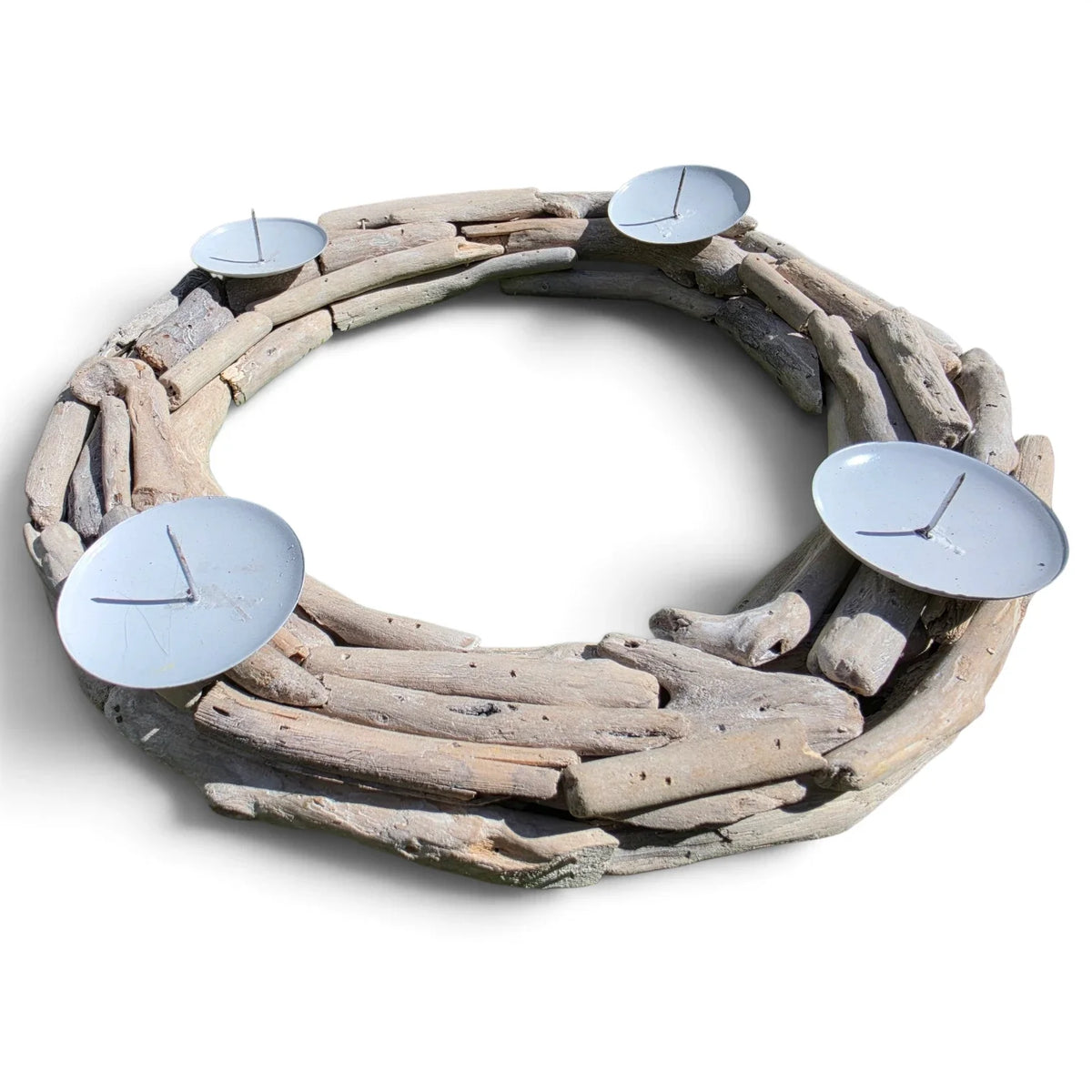 Handcrafted Driftwood Wreath Candle Holder with White Metal Candle Cups