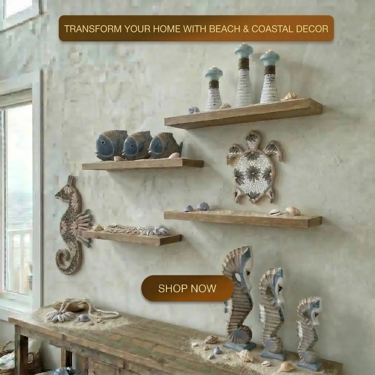 Beach and coastal decor items on shelves with a 'Shop Now' button.