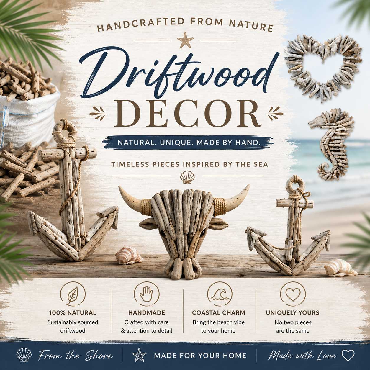 Driftwood decor items with text about natural and handmade design.