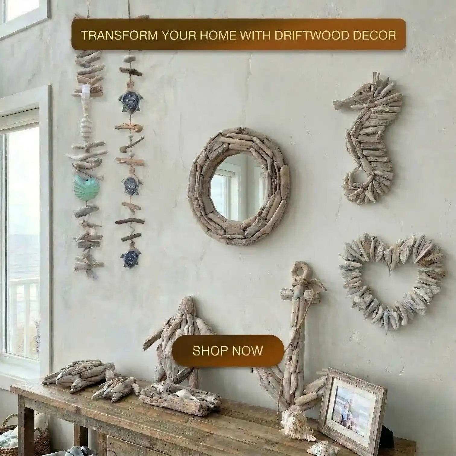 Driftwood decor items on a wall with a 'Shop Now' button.
