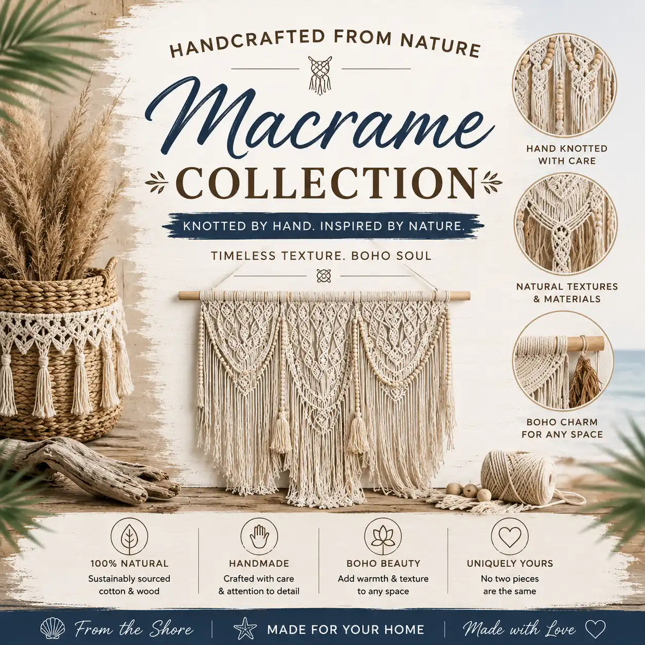 Promotional graphic for a 'Macrame Collection' featuring a central macrame wall hanging on a wooden dowel, flanked by circular inset images showing close-ups of knotted textures and boho charm details. The background is a warm beige with boho-style text overlays and decorative dried grass on the left.