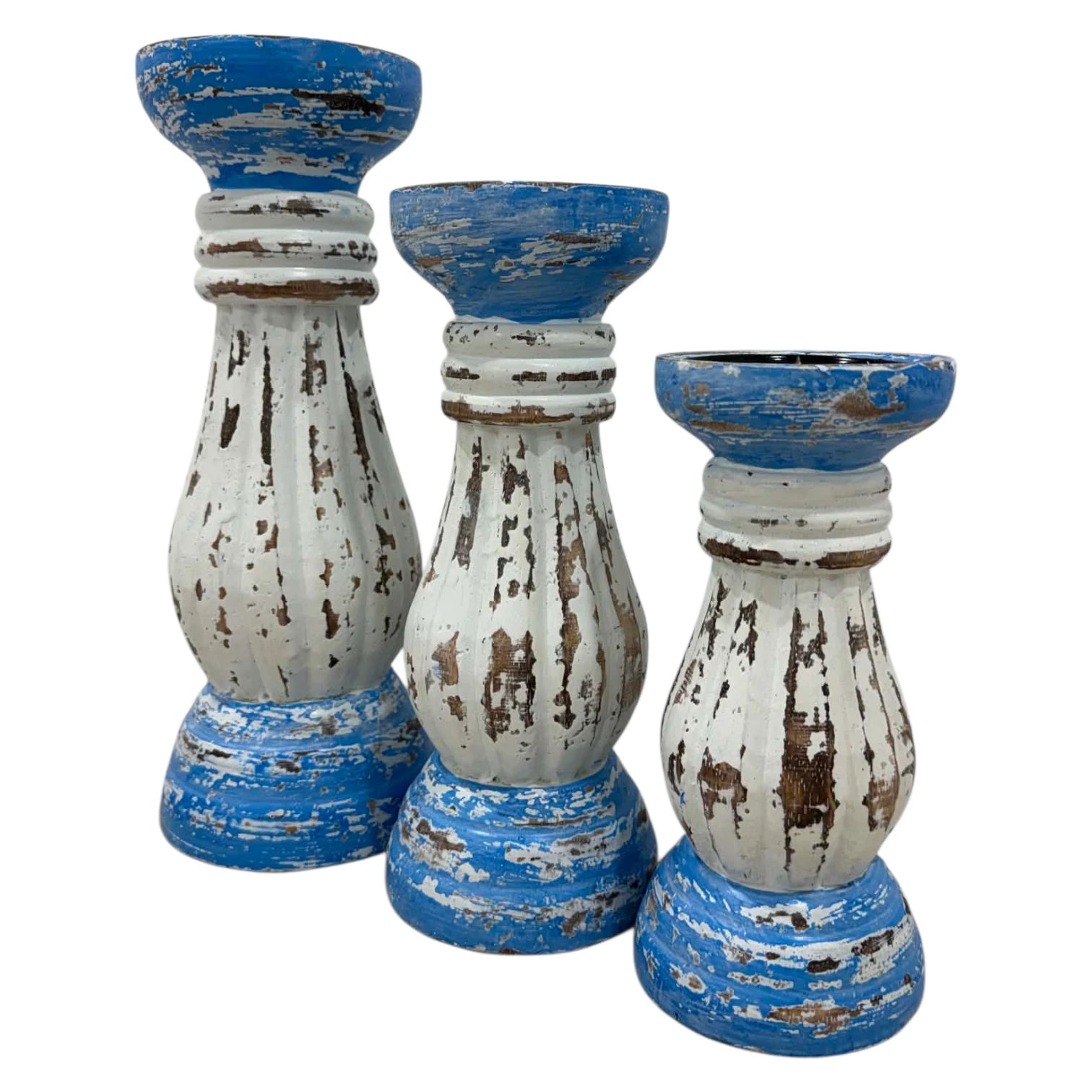 Whitewash and Blue Candle Holder Set