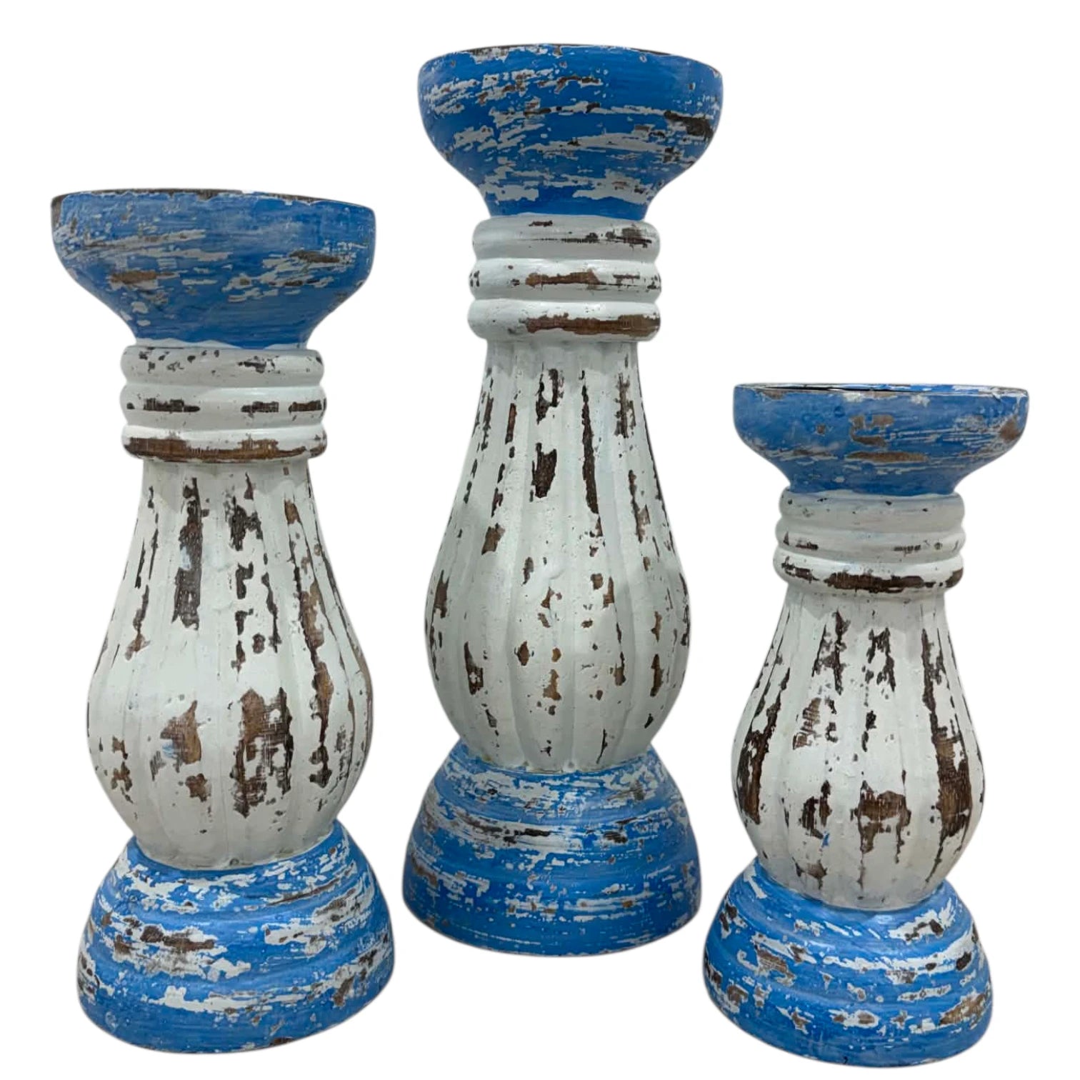 Whitewash and Blue Candle Holder Set