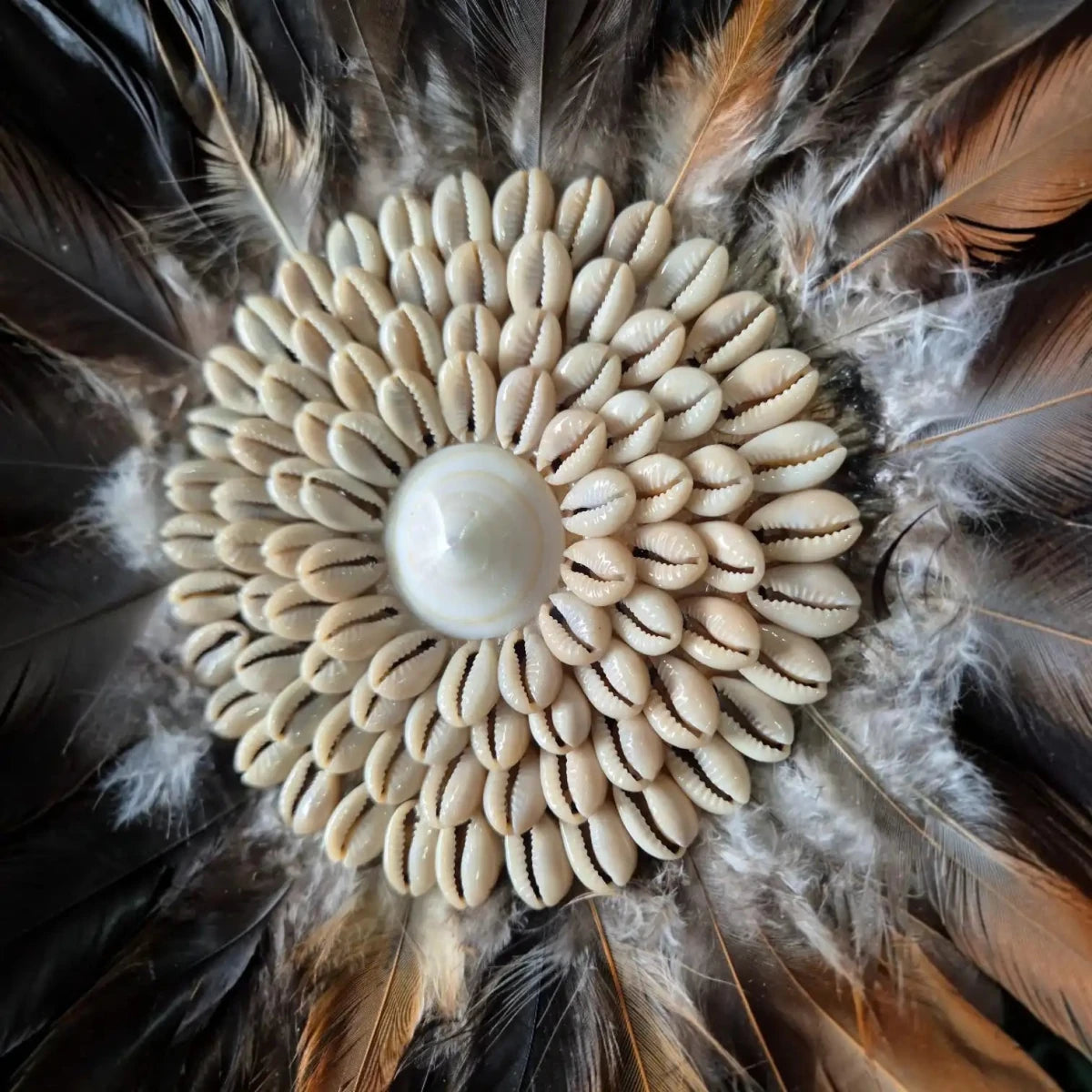 African Feather Juju Hat  Handcrafted with shells and feathers, this 60cm