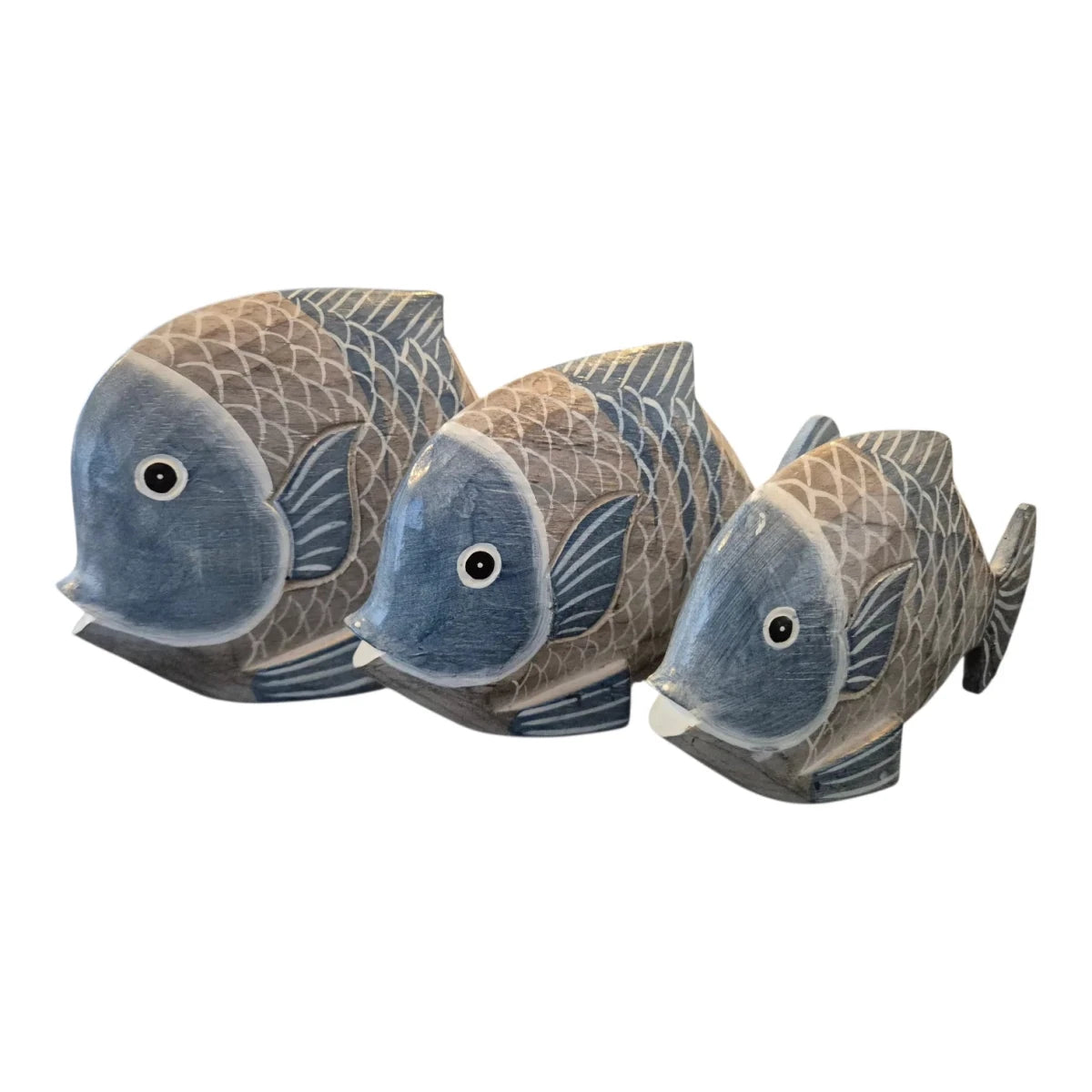 Hand-crafted wooden goldfish set in blue