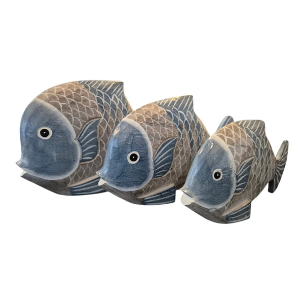 Hand-crafted wooden goldfish set in blue
