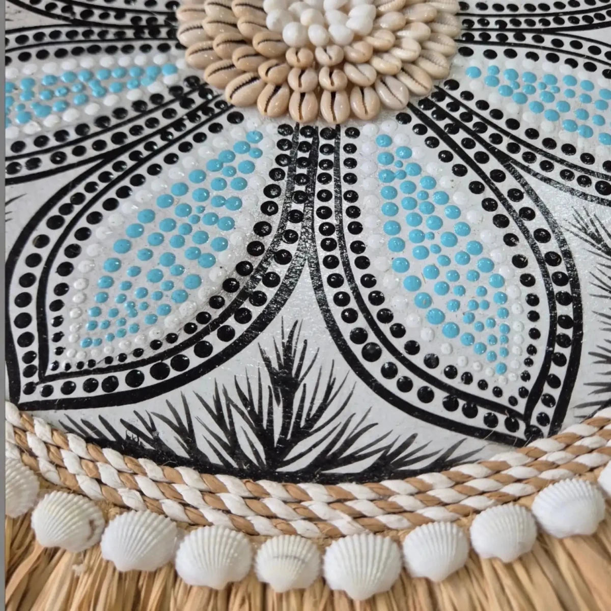 Hand Painted Raffia Juju Mandala Wall Hanging: Coastal Boho Decor with Seashells
