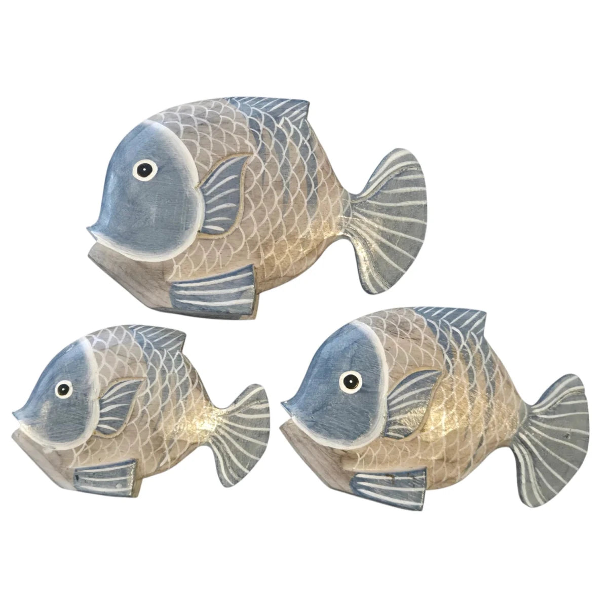 Hand-crafted wooden goldfish set in blue