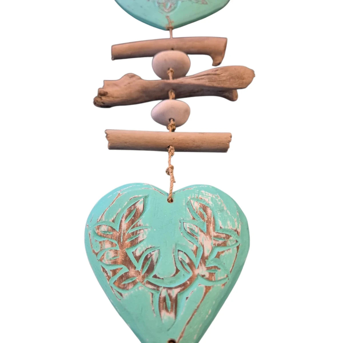 Driftwood Garland with Aqua Hearts - Coastal Beach Decor