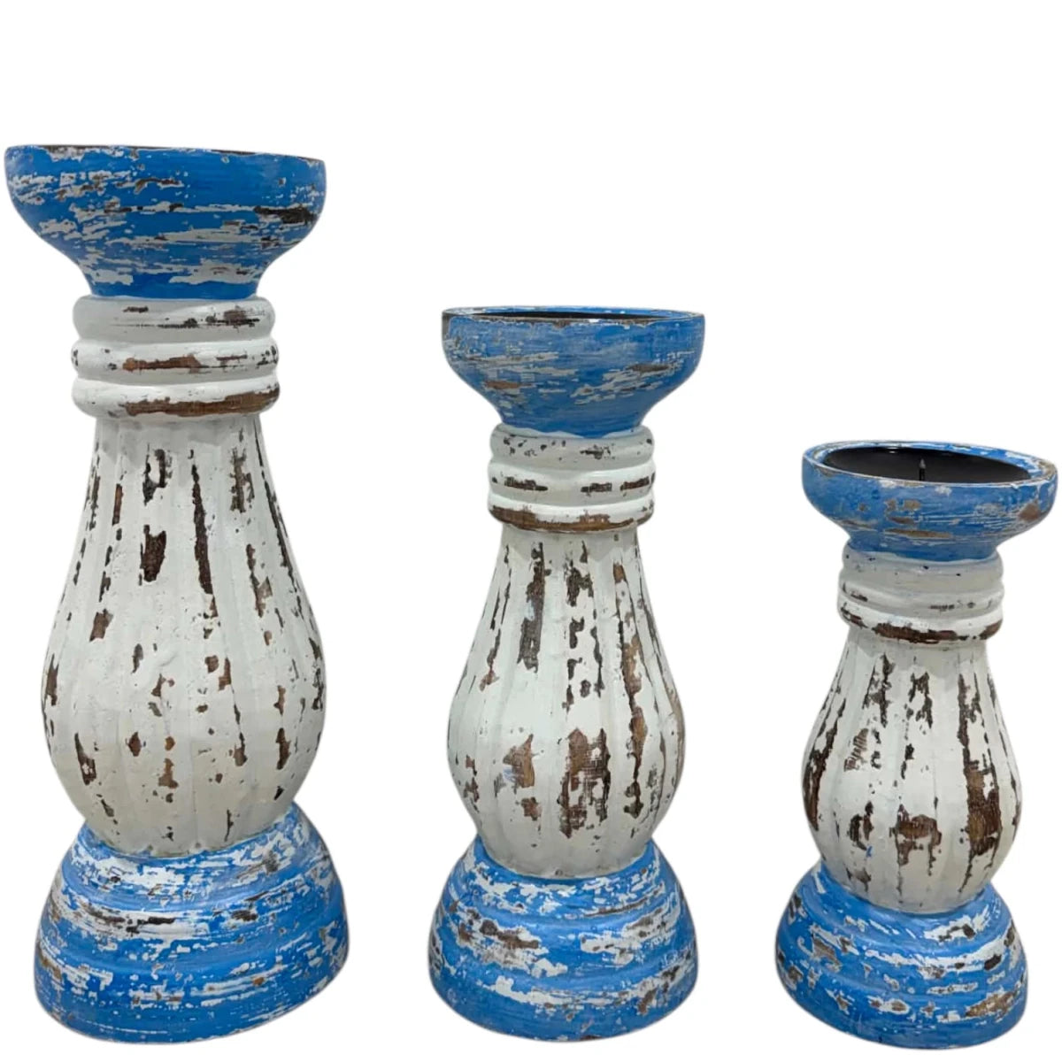Whitewash and Blue Candle Holder Set