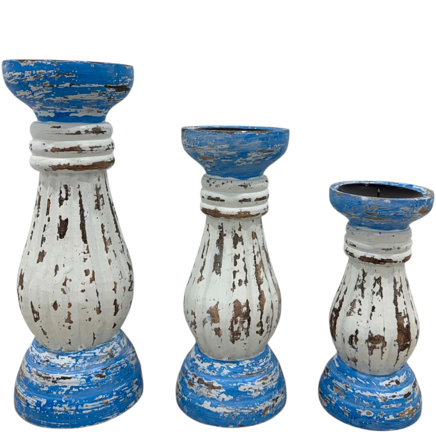 Whitewash and Blue Candle Holder Set