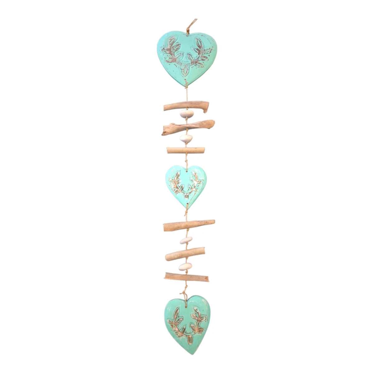 Driftwood Garland with Aqua Hearts - Coastal Beach Decor