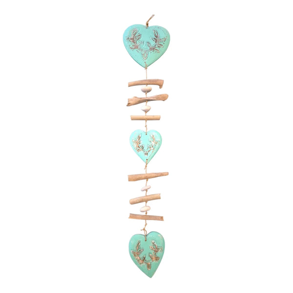 Driftwood Garland with Aqua Hearts - Coastal Beach Decor